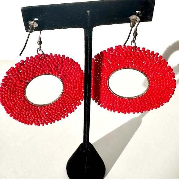 RED BEADED Statement Hoop Earrings - Picture 3 of 6